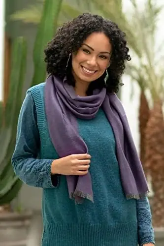 NOVICA Artisan Handmade Baby Alpaca Silk Blend Scarf Plum Grey Reversible Accessories Scarves Purple Ultra Violet Wrap Reversiblesolid Peru 'Options in Plum' - Image 3